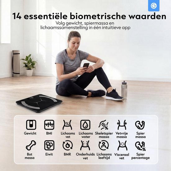 Silvergear Weegschaal met Lichaamsanalyse 14x - Bluetooth - Gehard Glas - Slimme Personenweegschaal - met App - Zwart