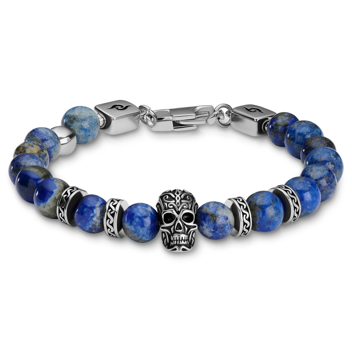 Rico | Schedelarmband van Lapis Lazuli en Zilverkleurig Roestvrij Staal