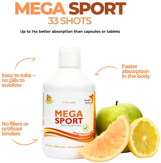 Fles MEGA SPORT 'Daily Supplement' met een appel, een halve sinaasappel en een halve citroen. Biedt snellere absorptie en is gemakkelijk in te nemen.