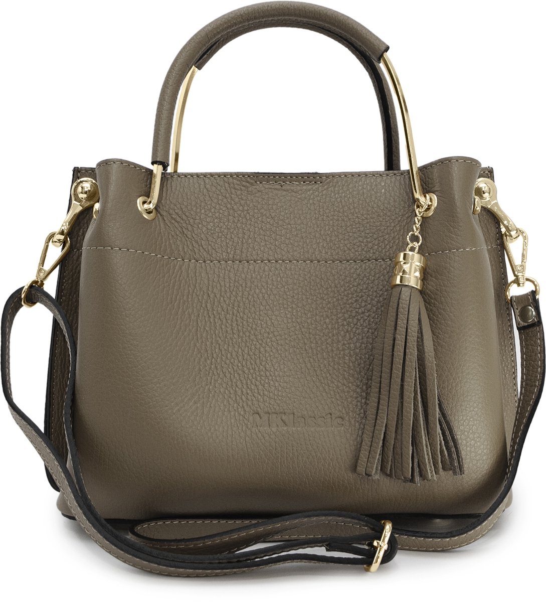 MKlassic Italiaanse damesleren handtas Taupe – Elegante schoudertas met kwast en gouden accenten – Hoogwaardige schoudertas van echt rundleer voor dagelijks gebruik en zakelijk gebruik MK01-300-05