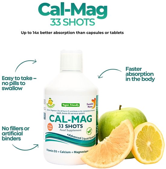 Een fles CAL-MAG 33 SHOTS met groene appel, grapefruit en citroen. Tekst: 'Easy to take - no pills to swallow.'