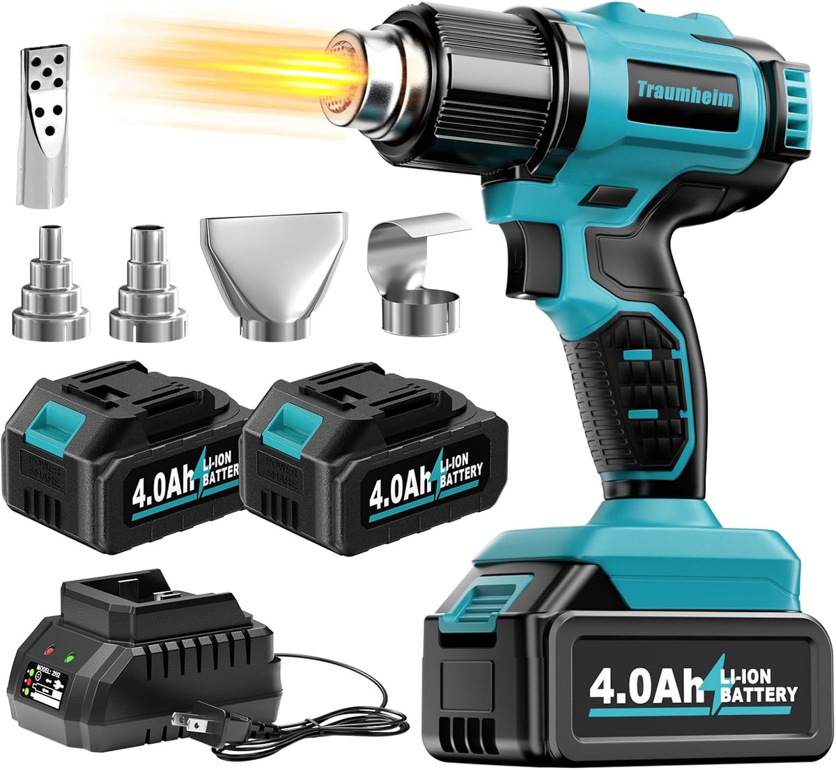 Accu Heteluchtpistool 21V - Incl. 2x 4.0Ah Accu & 5 Opzetstukken - 300°C / 550°C - Draadloos Verfafbrander - Voor DIY, Auto & Hobby