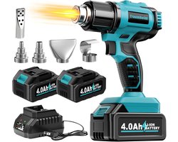 Accu Heteluchtpistool 21V - Incl. 2x 4.0Ah Accu & 5 Opzetstukken - 300°C / 550°C - Draadloos Verfafbrander - Voor DIY, Auto & Hobby