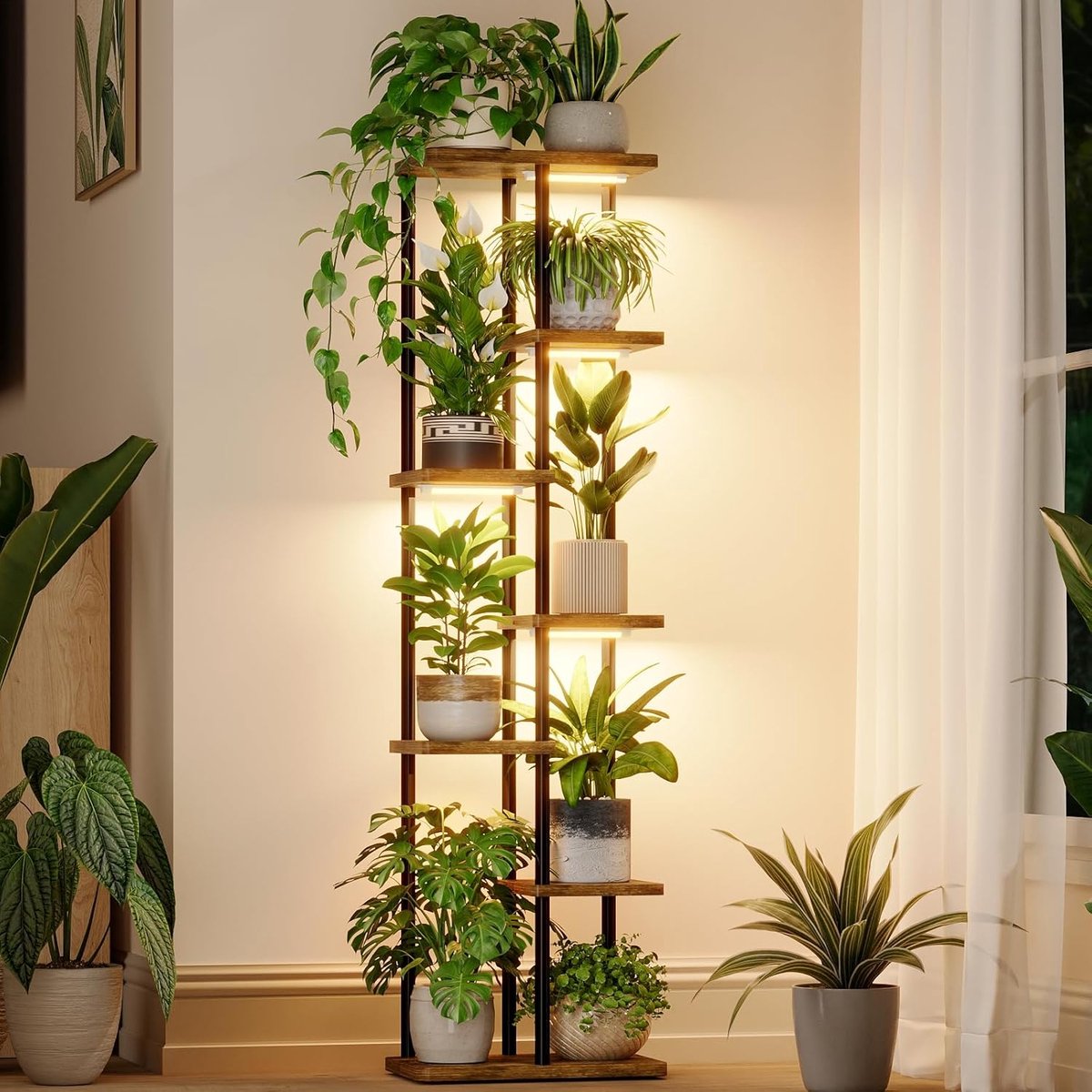 Bamworld Plantenstandaard met Groeilicht voor Kamerplanten Hoek 7 Niveaus Metalen Plantenrek Houten Bloemstandaard voor Huis Woonkamer Decoratie Terrasdecoratie