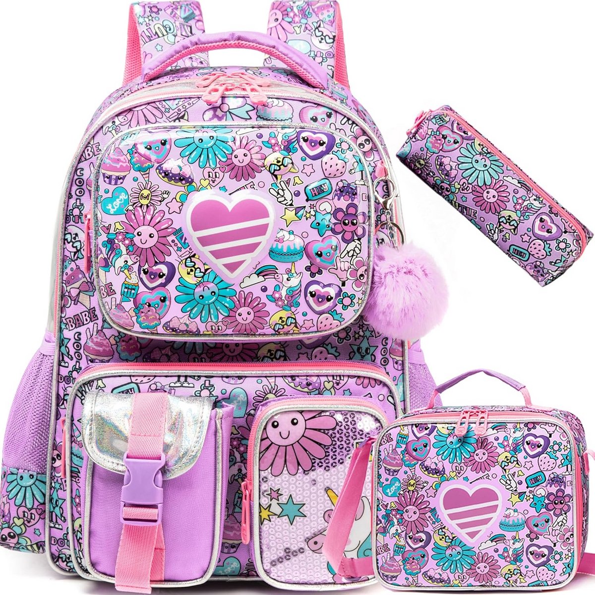 Schooltas voor meisjes, Basisschool Rugzak set met Lunchtas en Etui, Paars Hart, Geschikt voor 4-12 jaar