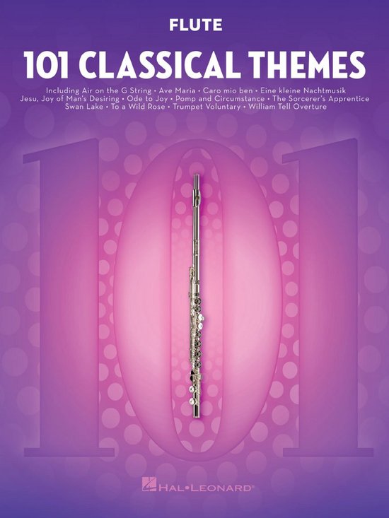 De omslag van het bladmuziekboek '101 Classical Themes' voor fluit, met een afbeelding van een fluit.