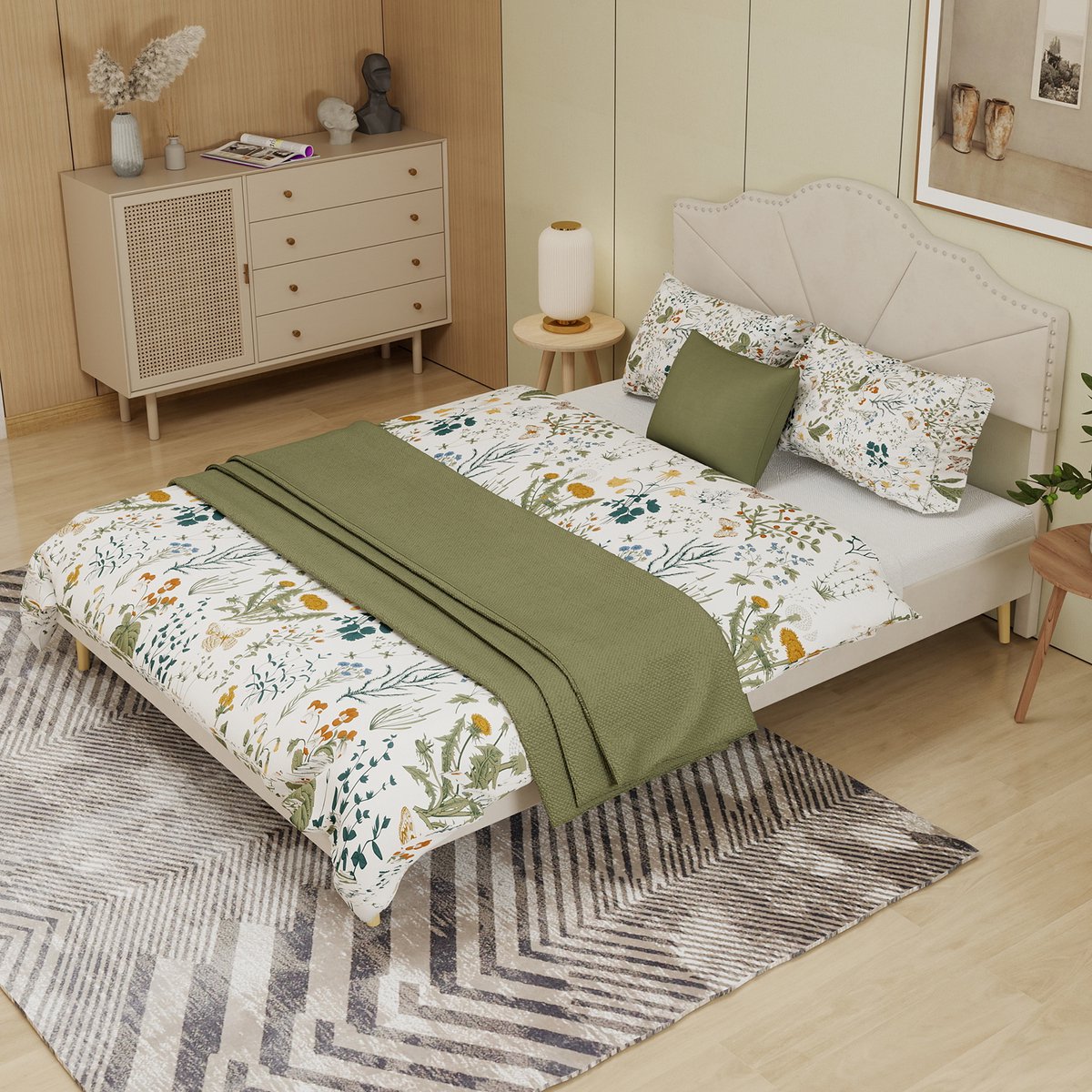 MODFU Bedframe 160x200 cm – Geometrisch hoofdbord met siernagels – Beige stof