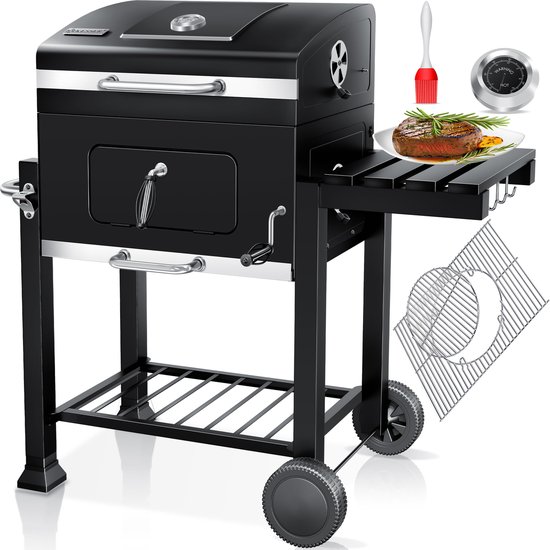 KESSER® Houtskoolbarbecue XL Barbeque Houtskool met Deksel, Wielen, Roestvrij Stalen Handvat, Barbecuerooster en Thermometer, 8 Spiesen met Zakje & siliconen Borstel, grote BBQ Camping Terras Tuin
