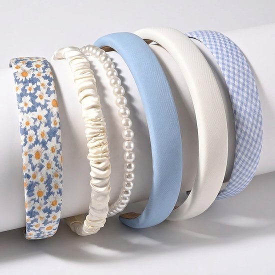 Set de 6 bandeaux à cheveux pour femmes et filles – ensemble de diadème élégant en bleu, blanc et motif floral – accessoires capillaires avec perles, tissu et satin