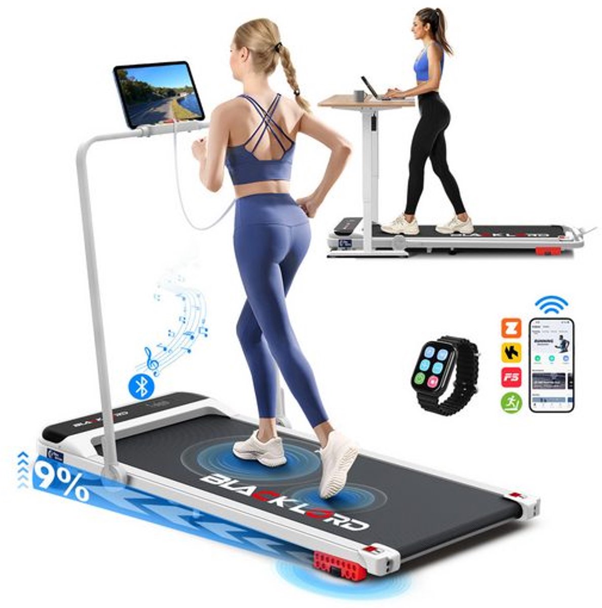 BLACK LORD SL9 - Walking pad loopband - 2,2 PS motor - 9 km/h met helling - Bluetooth app-bediening - LED-display - Inklapbaar tot 120 kg