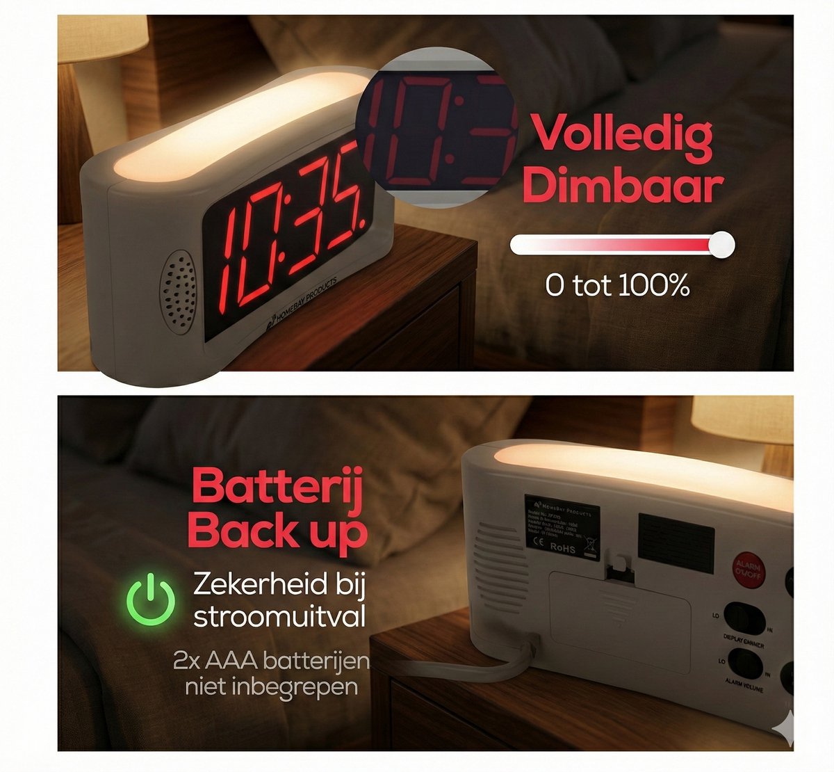 HomeBay® Digitale Wekker - Grote Cijfers - Slaapvriendelijk Rood Licht - Dimbaar - Wit — cadeau in Wonen & Interieur - foto 3