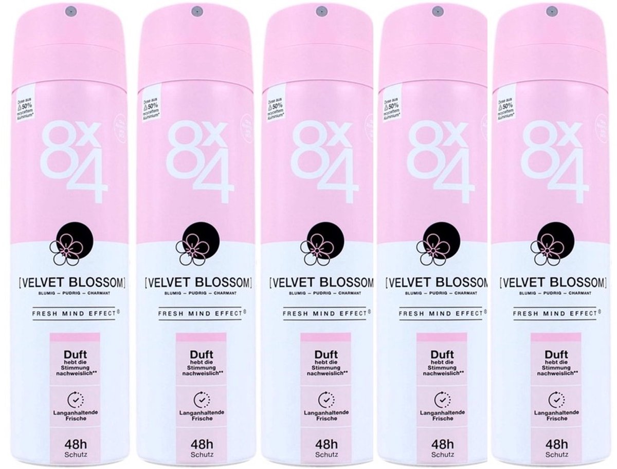 8x4 deodorant Velvet Blossom Spray - Voordeelverpakking 5 x 150 ml