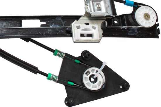 Zilverkleurige raammotor met zwarte kabels, groene en blauwe accenten op witte achtergrond.