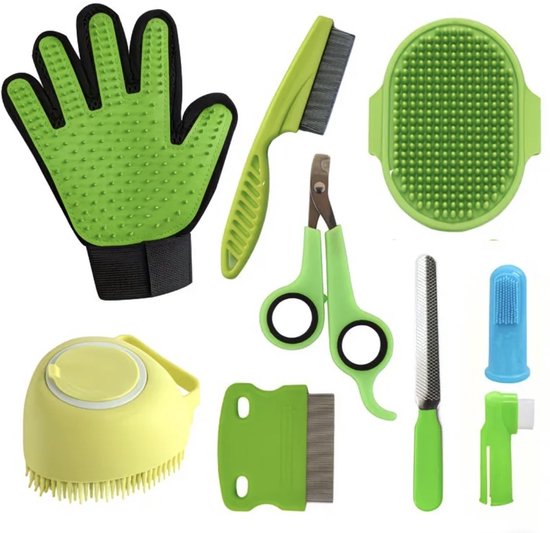 9 stuks - Huisdieren verzorgingsset - Honden - Katten - Knaagdieren | Groen |