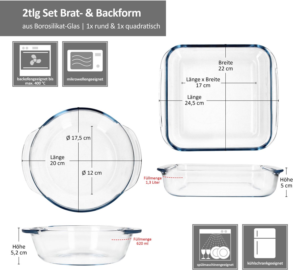 2-delige set braad- en bakvorm 800ml rond & 1,8L vierkant van glas - 90535