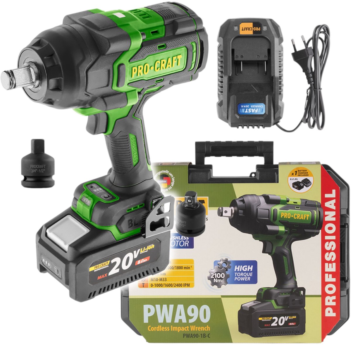 Procraft PWA90 accu-slagmoersleutel 20 V 2100 Nm 3/4" borstelloos + 1x accu 4,0 Ah + oplader + koffer