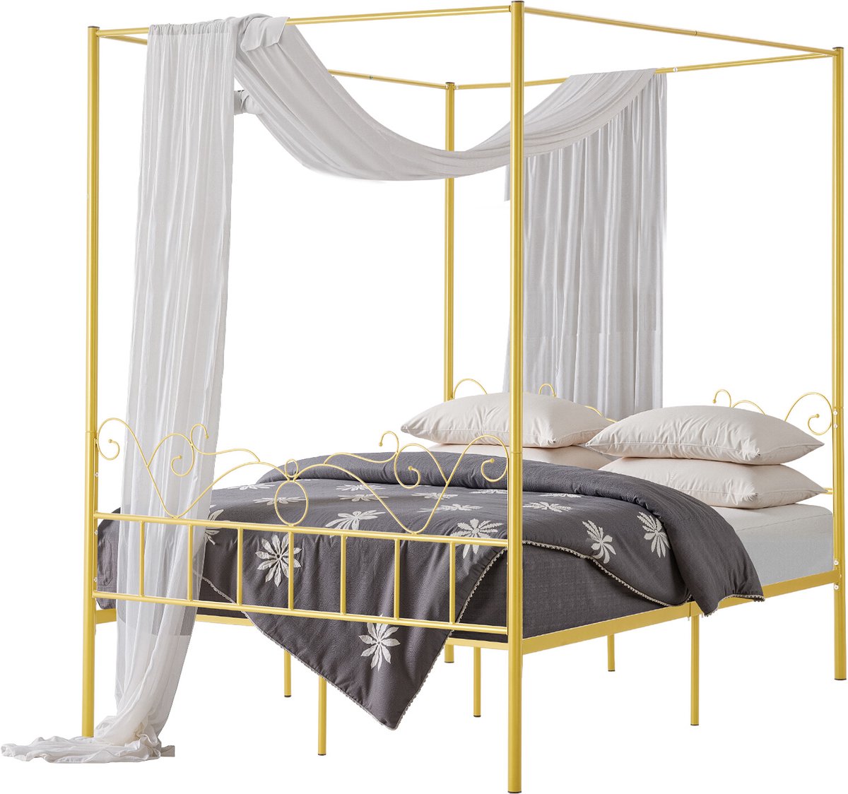 Vevor Hemelbedframe Queen Size met Hoofdeinde Gouden Ronde metalen Buis Hemelbed