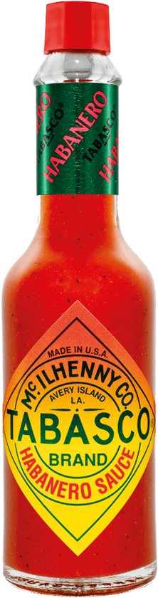 Bouteille de sauce Tabasco Habanero avec bouchon rouge, col vert et rouge. Étiquette jaune et orange en forme de diamant avec texte rouge.