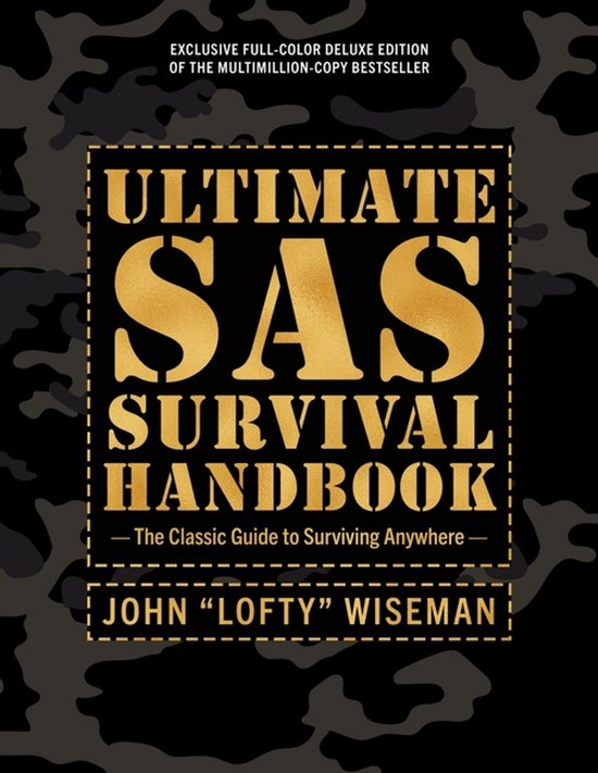 De voorkant van het 'Ultimate SAS Survival Handbook Deluxe Edition' boek, met goudkleurige letters op een zwarte achtergrond met camouflageprint.