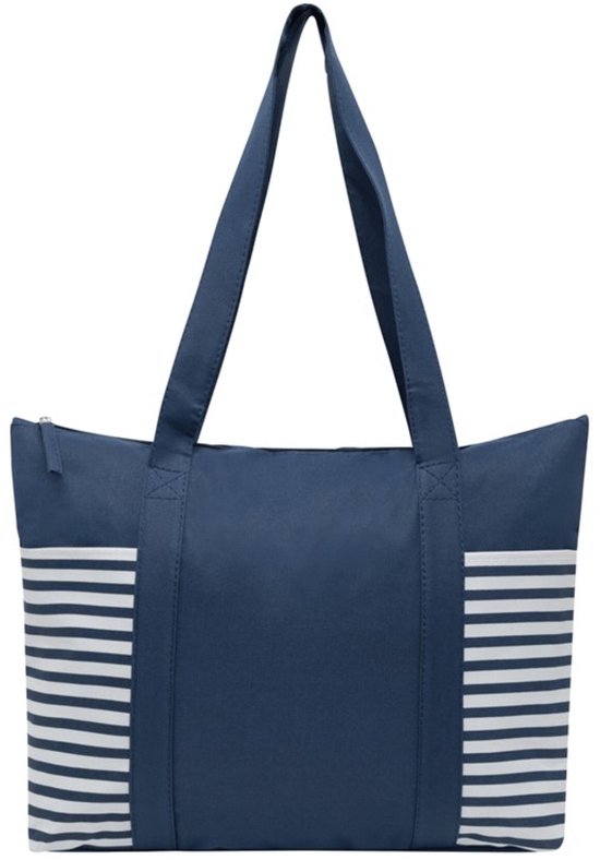 Strandtas met streepmotief - blauw/wit - 44 x 31 cm - Strandartikelen beach bags/shoppers met ritssluiting