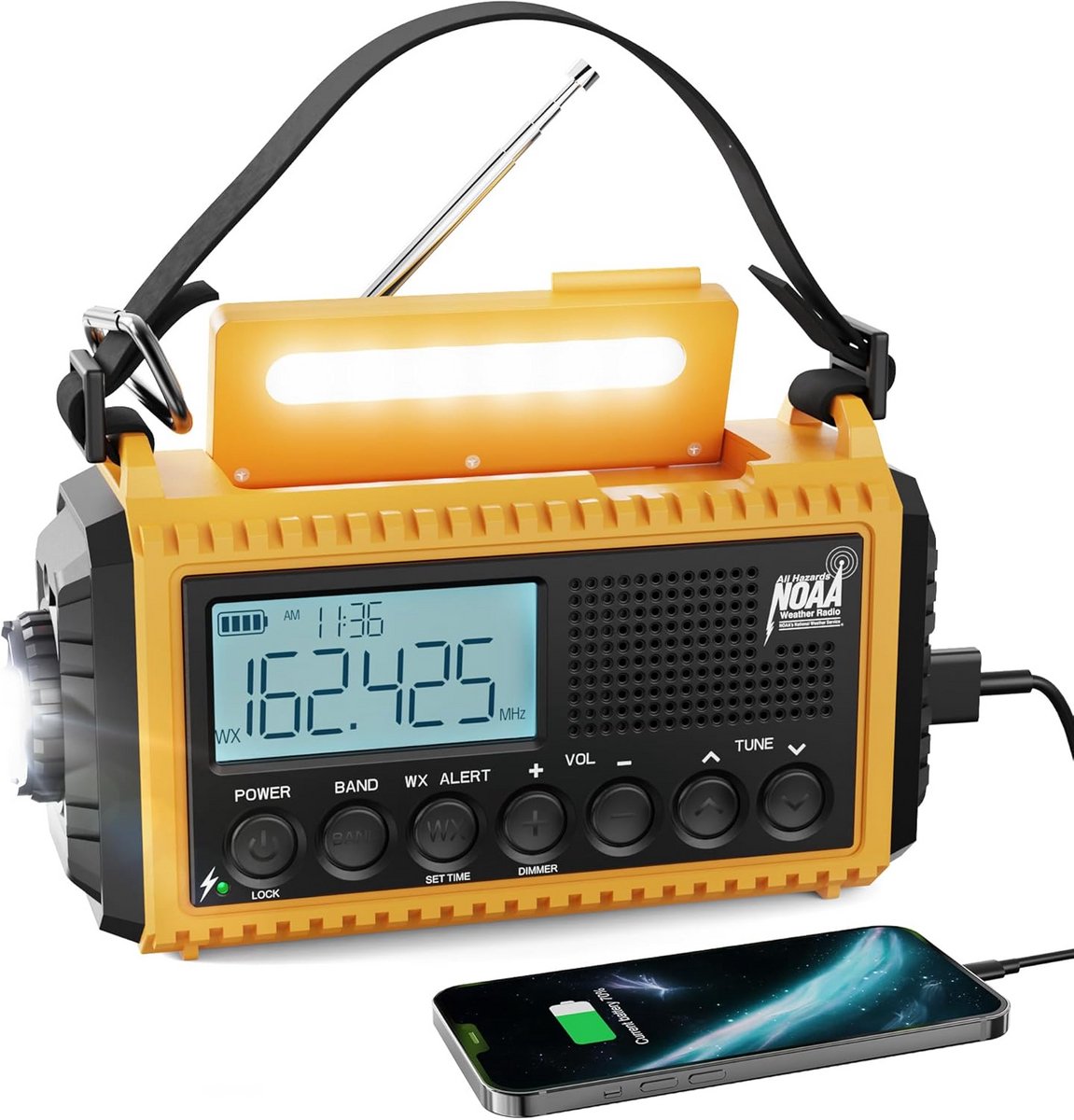 Noodradio met Oplaadbare Batterij, Zonnepaneel en Handslinger voor AM/FM/WB Weeralarmen