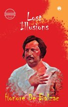 Boekillustratie van een man met een snor, met zijn hand op zijn borst, tegen een rode achtergrond. Titel: Lost Illusions.