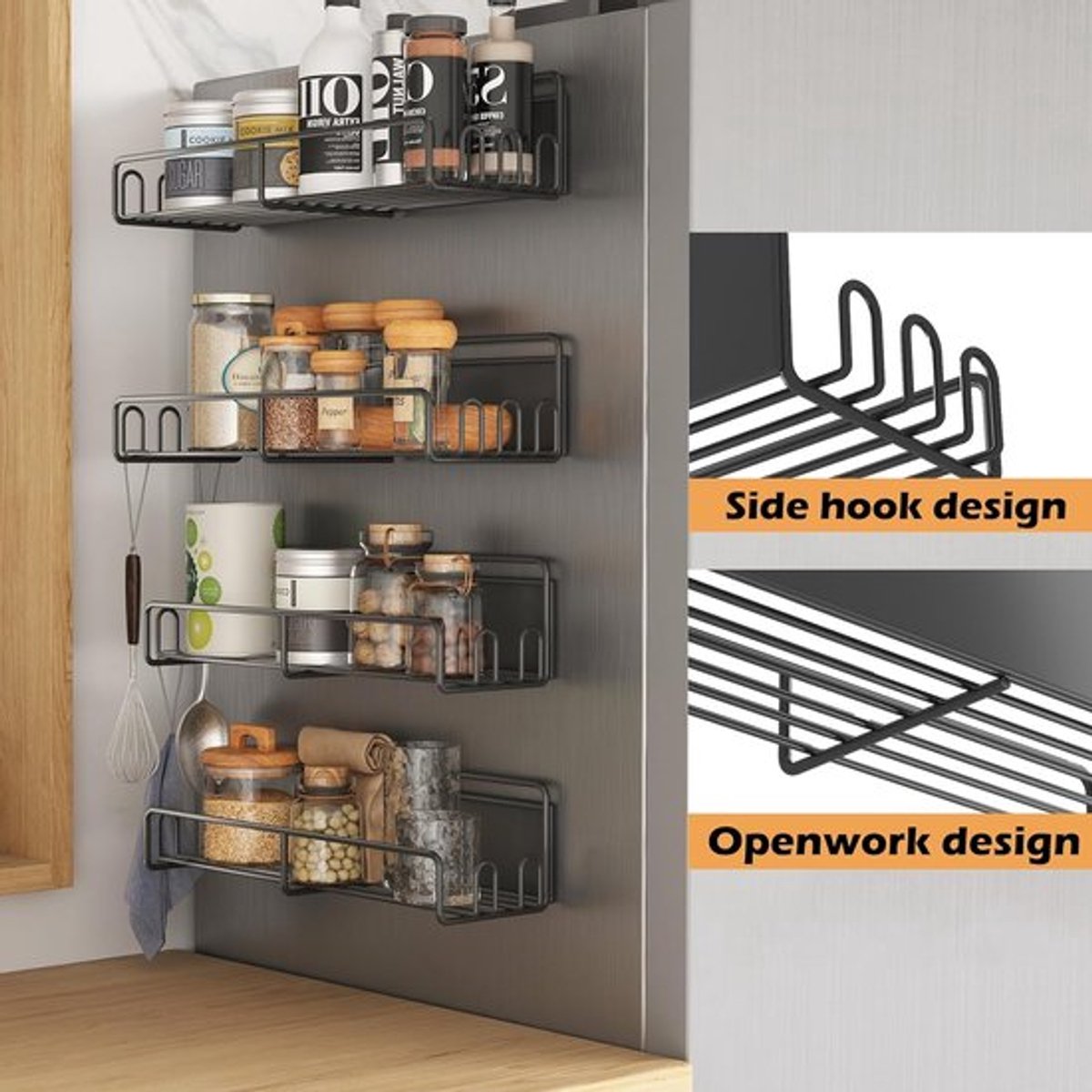 Candala rek van metaal, 4-delige set, koelkastmagneet, kruidenrek, koelkastorganizer, magnetisch, ruimtebesparende oplossing voor keuken, zwart