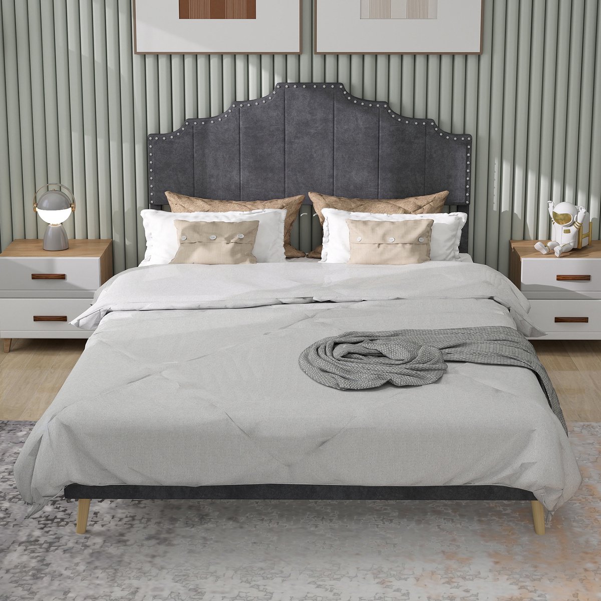 Wishdor Gestoffeerd Bedframe – 160 x 200 cm – Geometrisch Hoofdbord met Siernagels – Stof en Metaal Grijs – Lattenbodem voor Stevige Ondersteuning – Zachte Hollandse Wol – Stijlvol voor Moderne Slaapkamer – Eenvoudige Montage