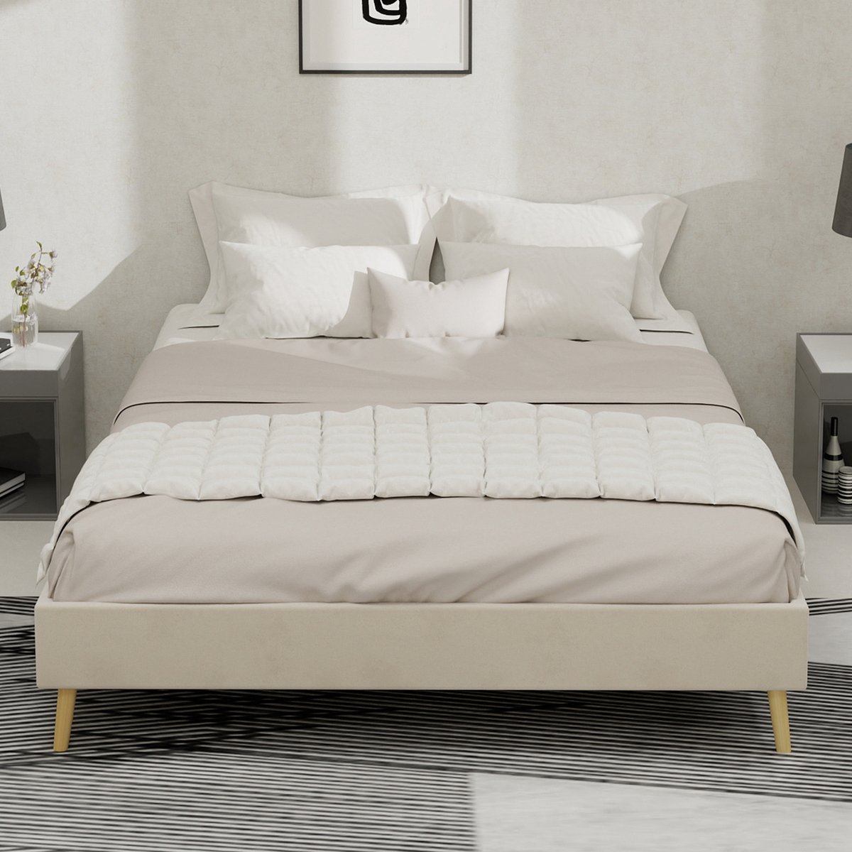 Wishdor Bedframe – 140 x 200 cm – Zonder Hoofdbord – Stof en Metaal Beige – Modern Minimalistisch Design – Stevige Ondersteuning – Snelle Montage – Flexibele Plaatsing – Geschikt voor Standaard Matras