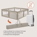 Beige box met mesh zijkanten, 2 ingangen en transporttas. Opvouwbaar tot compact formaat. Montage zonder gereedschap.