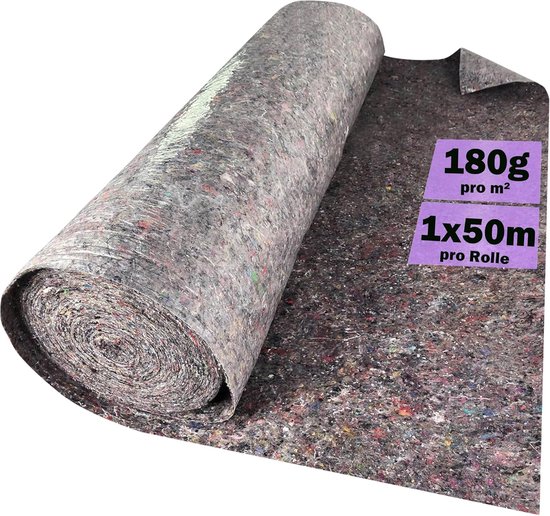 Rouleau de feutre de peintre de 180g/m², 1x50m, avec un motif de fibres multicolores.