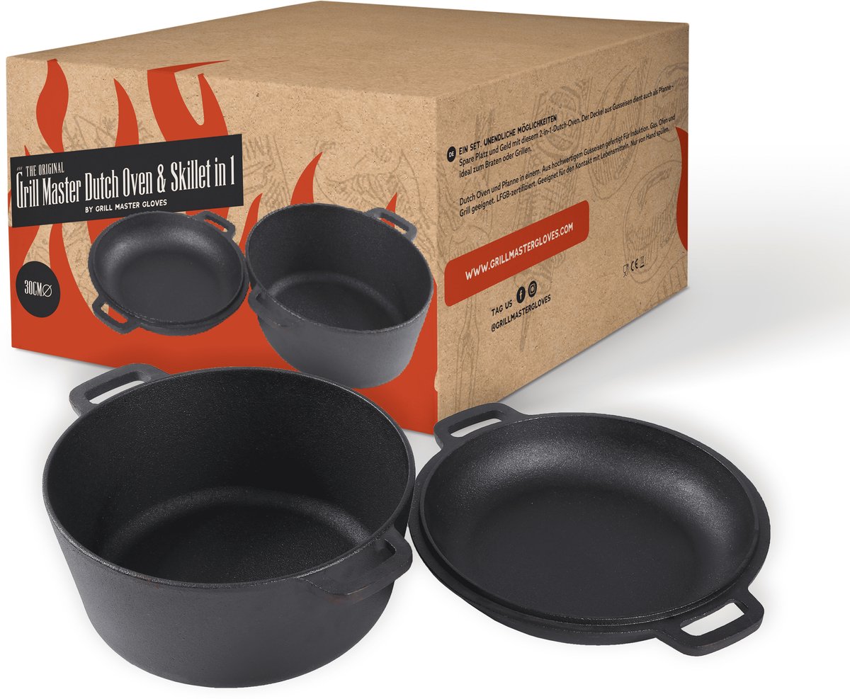 Grill Master Dutch Oven en Skillet in 1 - Pan Gietijzer - Dutch oven Gietijzer met deksel - Braadpan - 2 in 1 Set - 30CM - Papa Cadeau Voor Mannen - Vaderdag