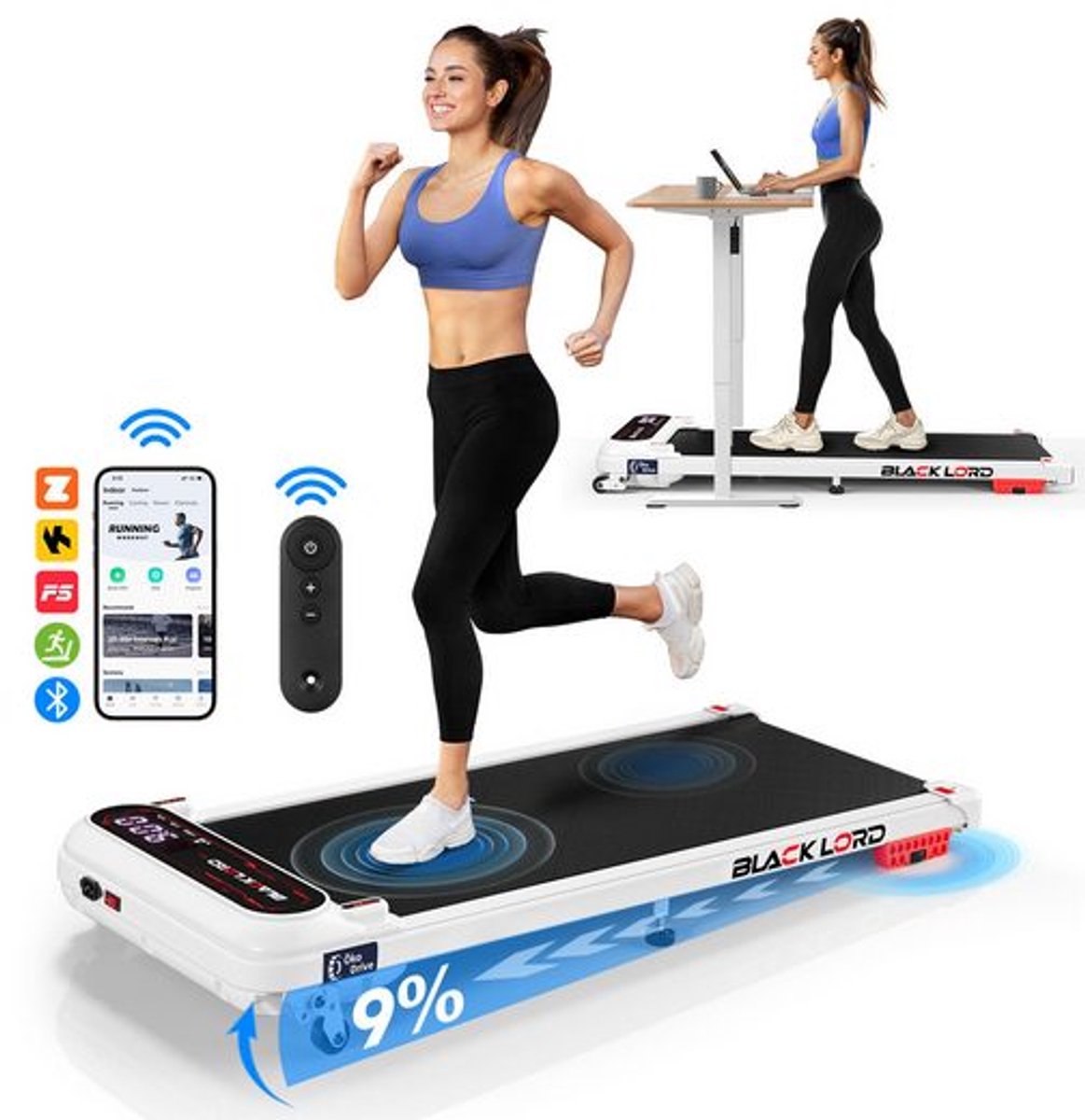 BLACK LORD X7-H - Walking Pad loopband - 3,0 PS EcoDrive™ motor - 15 km/h & 3 hellingsniveaus - Bluetooth app-bediening - 39 cm breed loopvlak - Inklapbaar voor onder het bureau