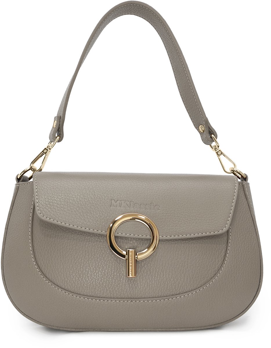 MKlassic Italiaanse damesleren handtas Taupe– Elegante schoudertas met gouden accenten – Hoogwaardige schoudertas van echt rundleer voor dagelijks gebruik en zakelijk gebruik - Made in Italy - MK04-290-57
