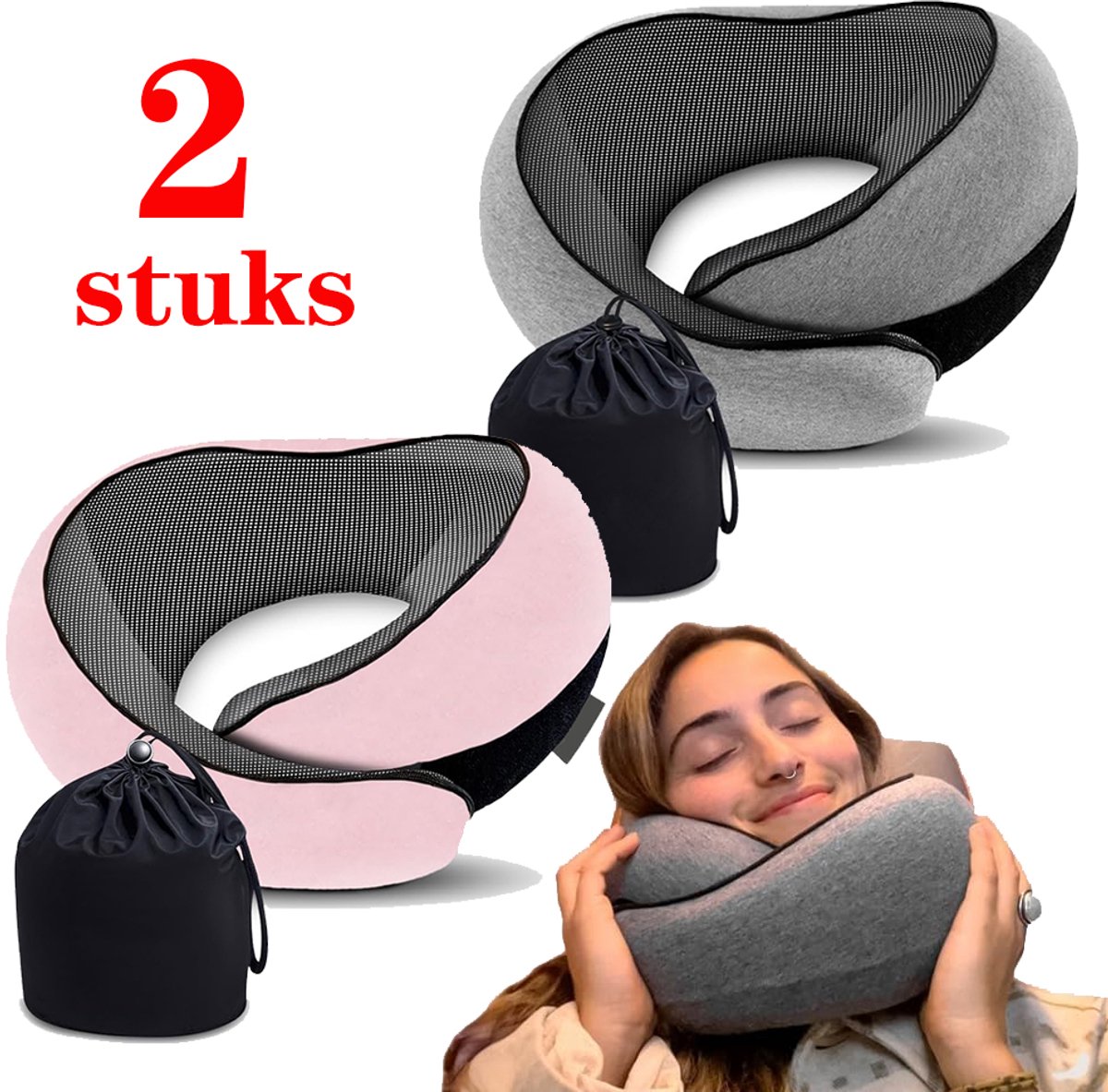 2 stuks Nekkussen voor Reizen - Geheugenschuim Nekkussen met Ergonomisch Design - Compact en Comfortabel voor Vliegtuig, Autorit en Thuisgebruik - Geschikt voor Volwassenen en Kinderen