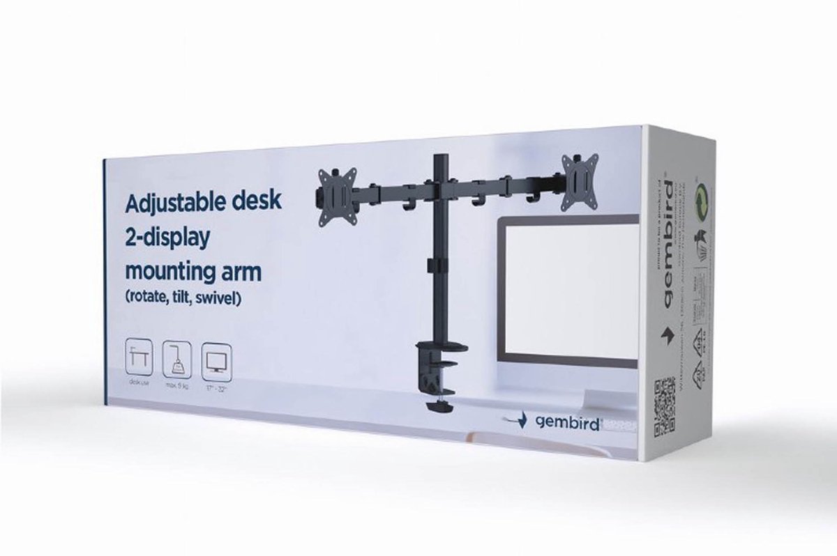 Gembird Bureau Monitorarm voor Dubbele Monitoren, 17–32", Tot 9 kg per Monitor, 360° Rotatie Landschap/Portret, Kanteling 45°, 90° Zwenkbaar, VESA-compatibel, Kabelbeheer, Zwart thumbnail 2