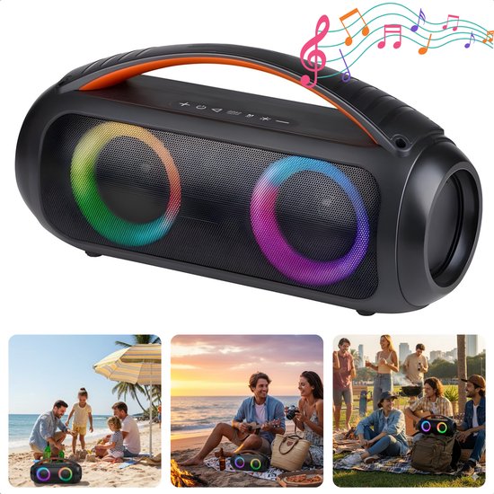 Cheqo Boombox Bluetooth Speaker 20W Draagbaar met Bass Boost, RGB-verlichting, USB, AUX, TF, TWS, 10u batterij