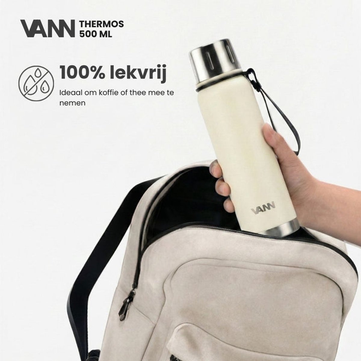 VANN® Kleine Thermoskan 500 ML – 3-Wandige RVS Thermosfles voor Koffie & Thee – 2-in-1 Dop als Beker – 100% Plasticvrij – Off-white – VANN Ritual Thermos® — cadeau in Koken & Dineren - foto 2