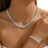 Parure de bijoux argentée pour femme avec chaîne à maillons tressés et bracelet – ensemble de bracelets avec détails en strass