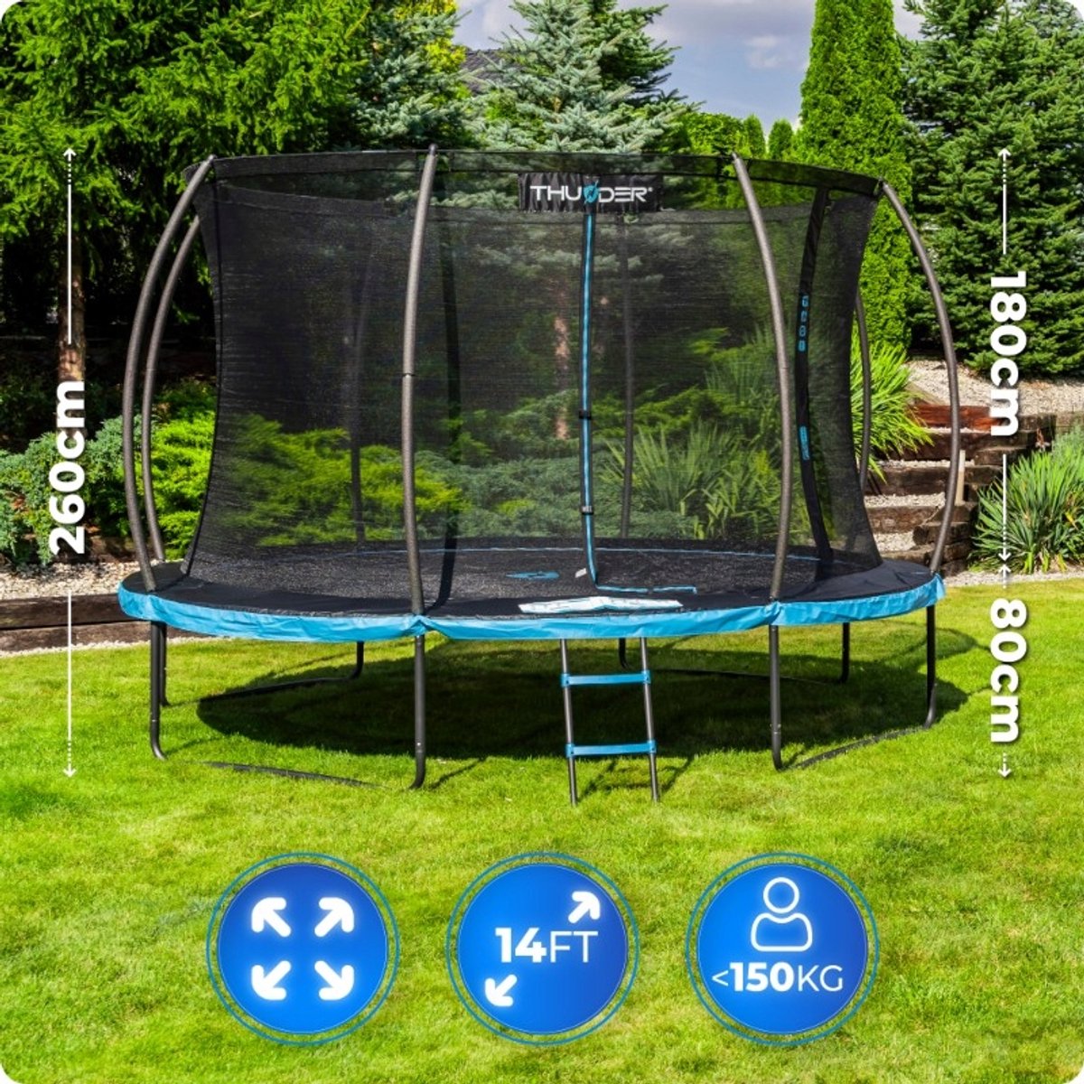 Thunder Trampoline 427 cm – Ronde Tuintrampoline – Max. 150 kg – Met Ladder – Blauw — afbeelding 11