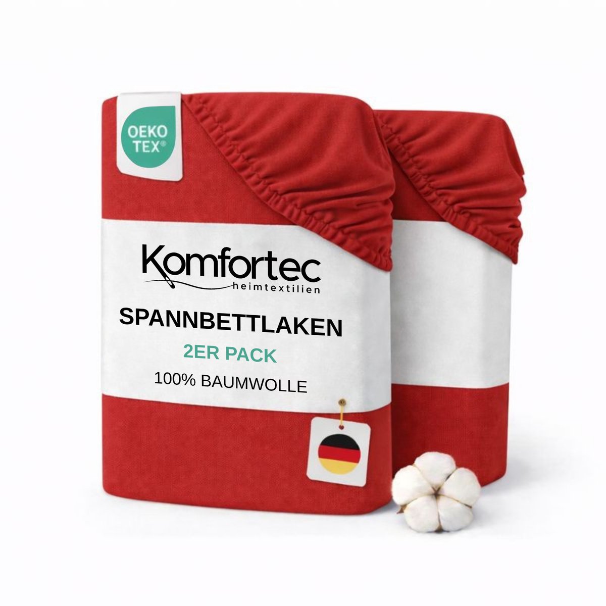 Komfortec Jersey Stretch 2-delige Hoeslaken Set 140x200 cm, Dubbelpak, 23 cm Matrasdikte, Rondom Elastiek, 100% Katoen, Rood