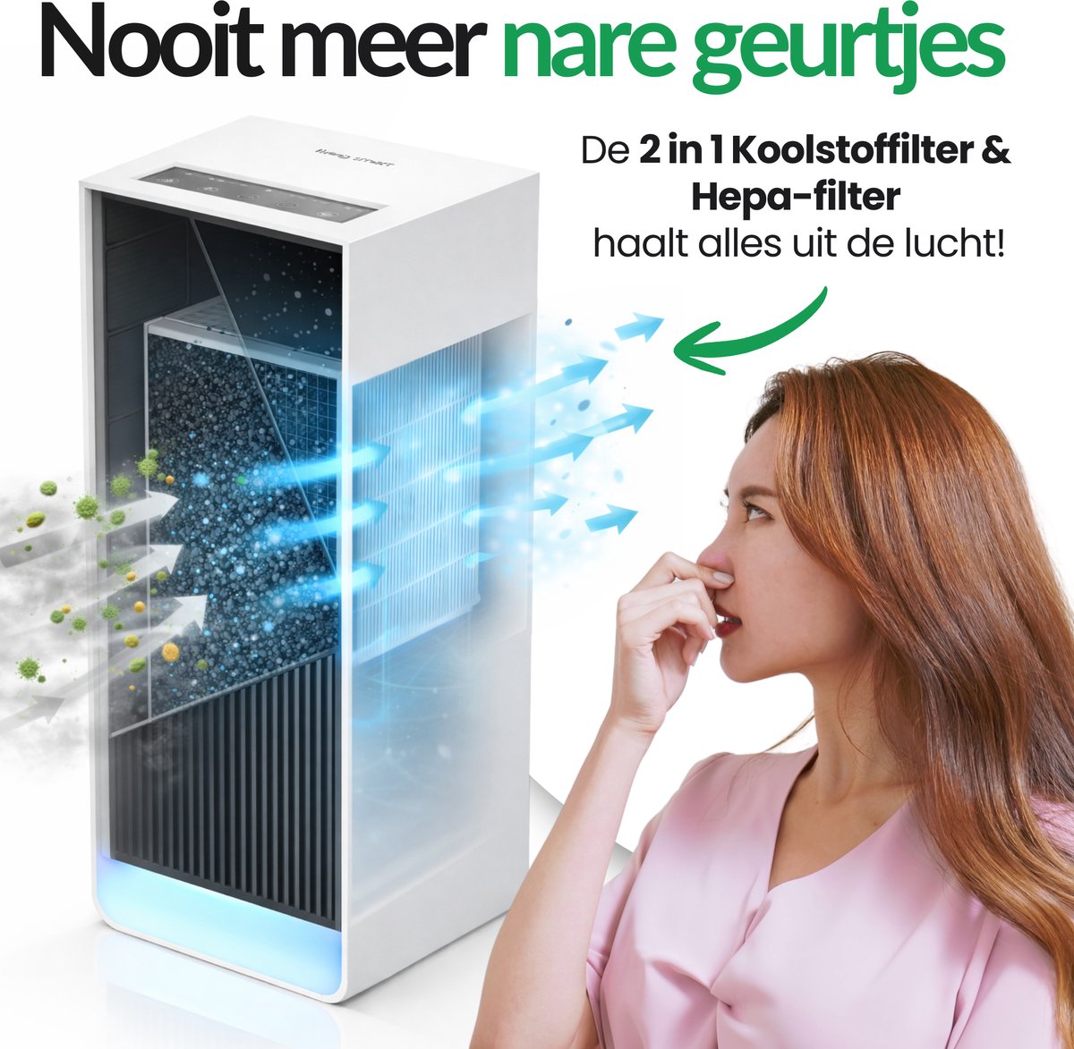 LivingSmart™ LSL200S Luchtreiniger / Air Purifier – HEPA H13 + Koolstoffilter – 230 m³/u – Tot 45 m² – Verwijdert Fijnstof & Geuren — afbeelding 6