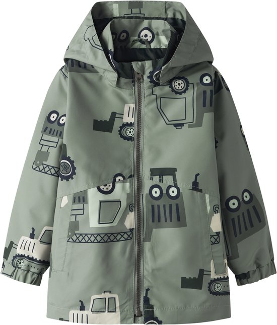 Veste verte avec un imprimé de grues et de machines de construction, à capuche et fermeture éclair.