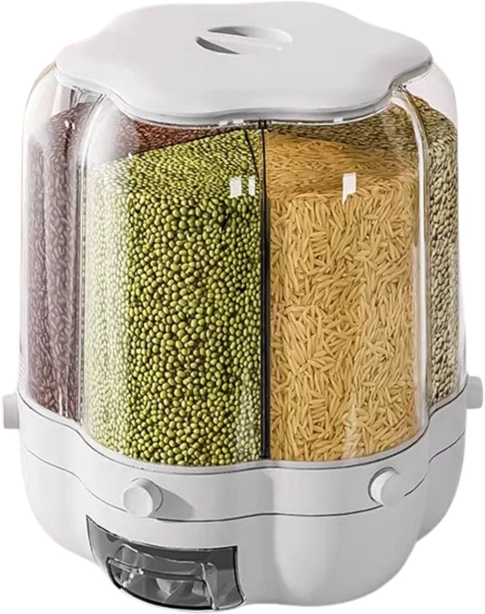 Sensova - Roterende Keuken Accessoires Organizer Modern - Voorraadpotten met 6 Vakken en 12,5 kg Capaciteit – 360° Draaibare Keuken Organizer 26,3 × 32 cm voor Rijst, Granen en Kruidenpotjes - Transparante Keuken Opbergoplossing