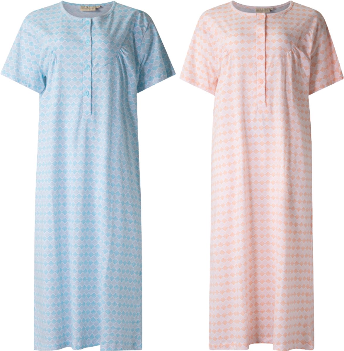 Lunatex 2 dames nachthemden 5026 korte mouw - nachtjapon van 100% katoen - blauw en peach met print