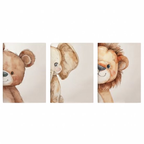 Set van 3 Canvas 'Halve Knuffeldieren' - 30x40cm - zonder lijst - Babykamer - Kinderkamer Posters - Beer Olifant Leeuw - Dieren - Wand Decoratie Kind