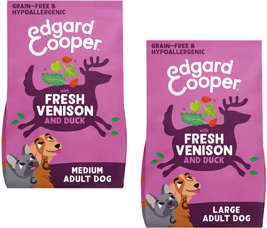 Twee Edgard & Cooper zakken, een voor medium en een voor grote volwassen honden, met hert en eend.