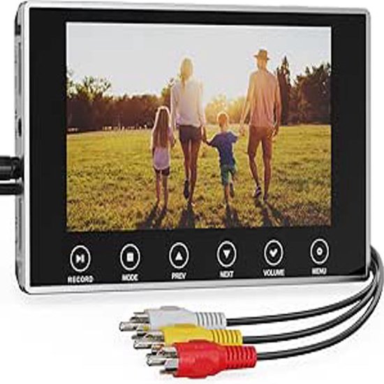 Zwarte digitale video converter met een 5-inch scherm dat een gezin toont dat over een grasveld loopt. Onder het scherm staan knoppen voor 'record', 'mode', 'prev', 'next', 'volume' en 'menu'. Drie RCA-kabels liggen ervoor.