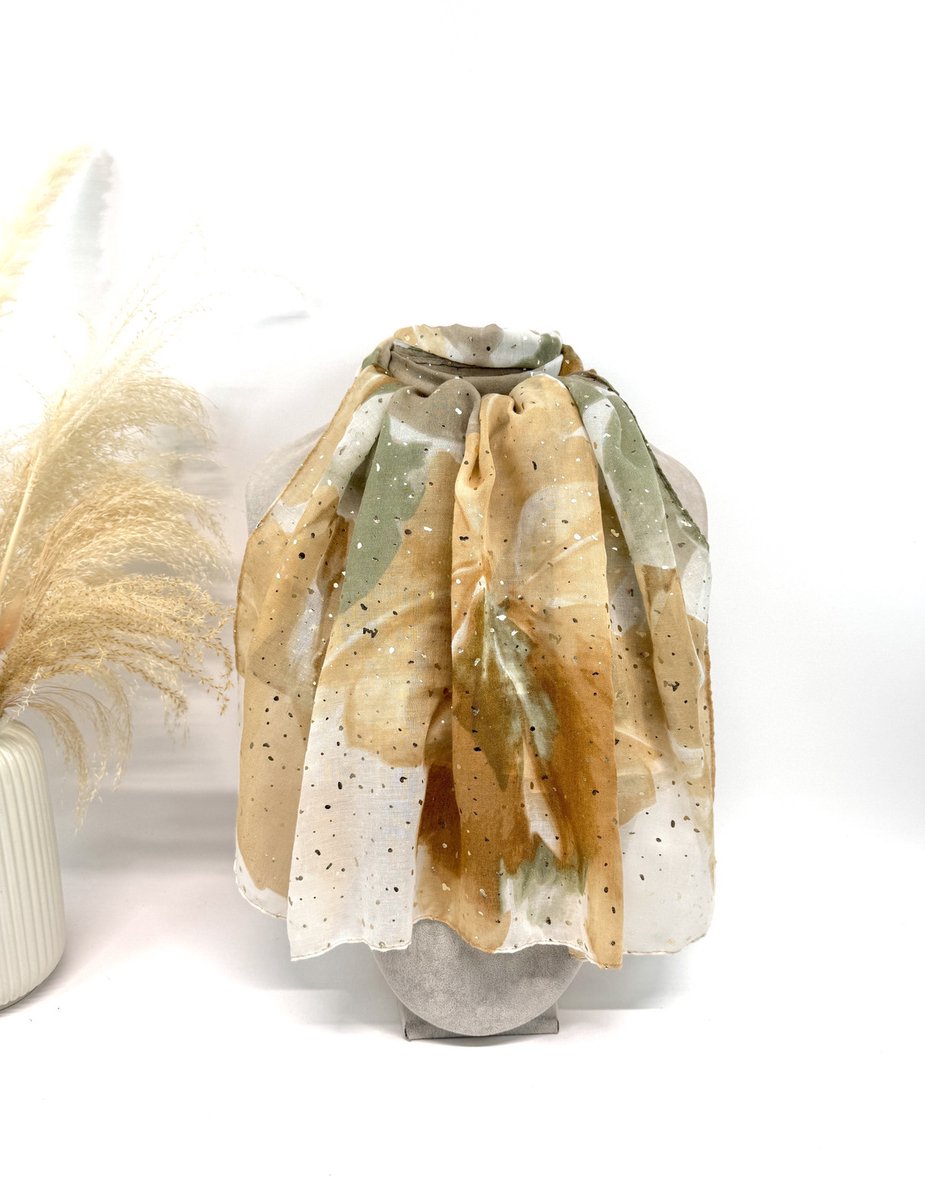 Lange dames sjaal Charlie-gebloemd motief-groen wit beige bruin goud