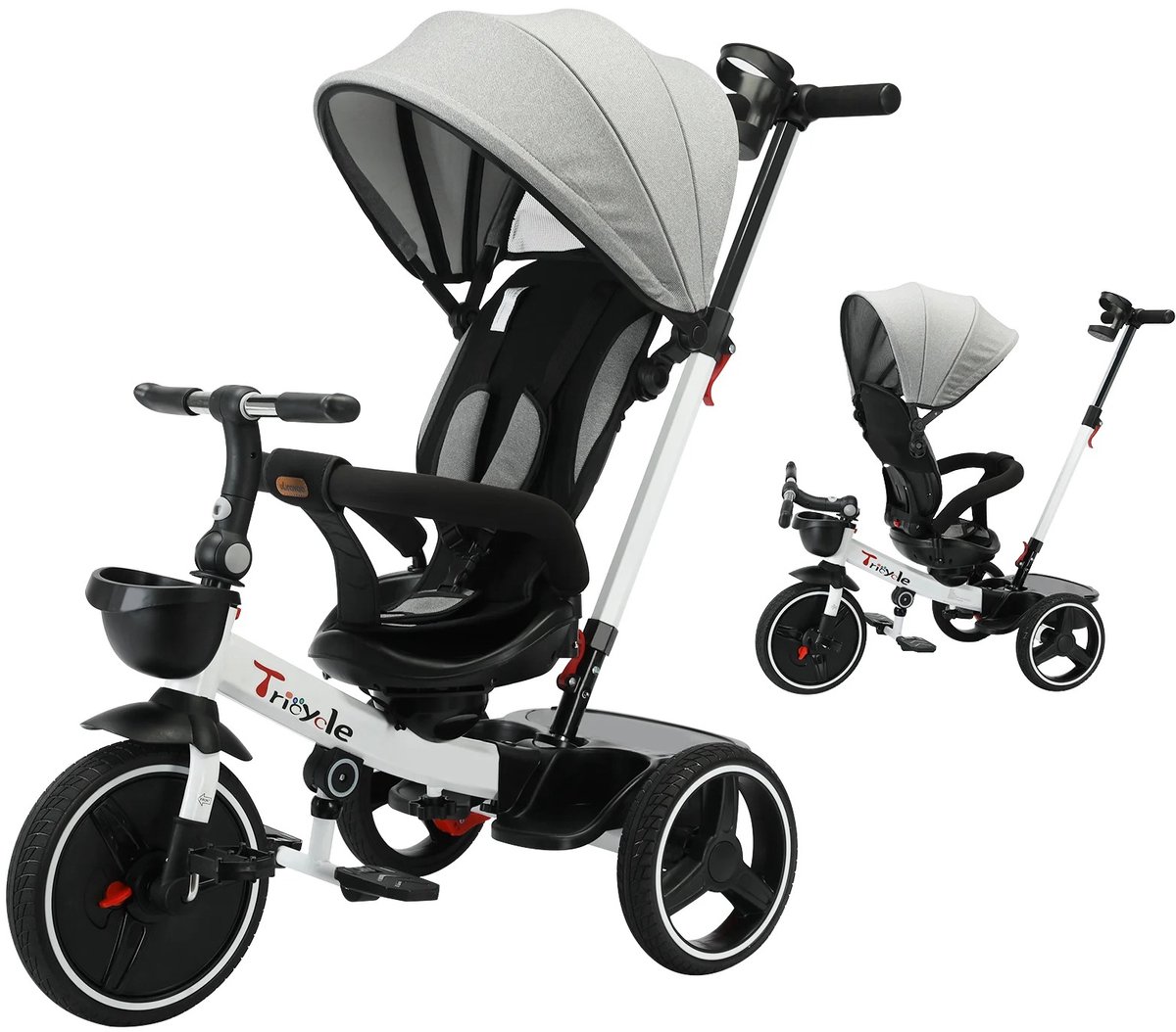 HHHK - 5 in 1 Driewieler fiets - Driewieler met Duwstang - Driewieler Loopfiets - Wit Zwart Grijs - 0 tot 4 jaar - Loopfiets